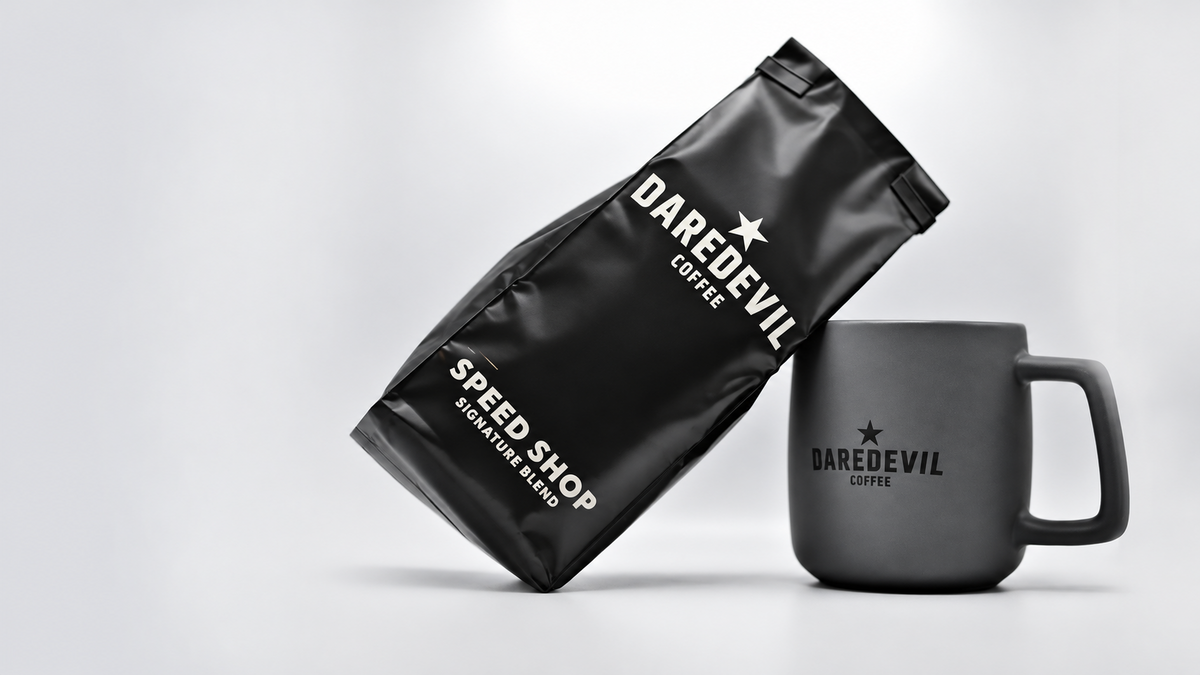 Daredevil Speed Shop coffee bag and branded mug