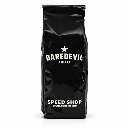 Daredevil Speed Shop coffee bag on a white background.