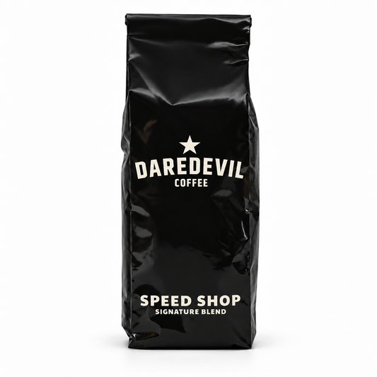 Daredevil Speed Shop coffee bag on a white background.