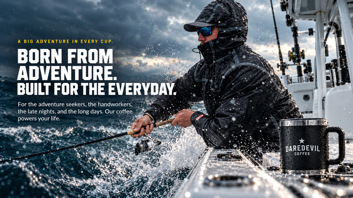 An angler on a stormy sea with a Daredevil Coffee mug — Born from adventure. Built for the everyday.